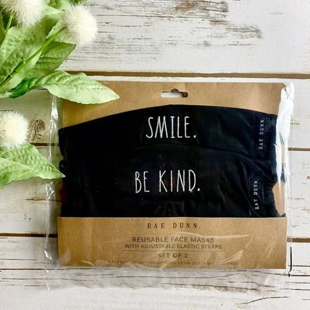 NEW SET OF 2 - Rae Dunn - FACE MASKS - Set of 2 - Adjustable - Smile & Be Kind